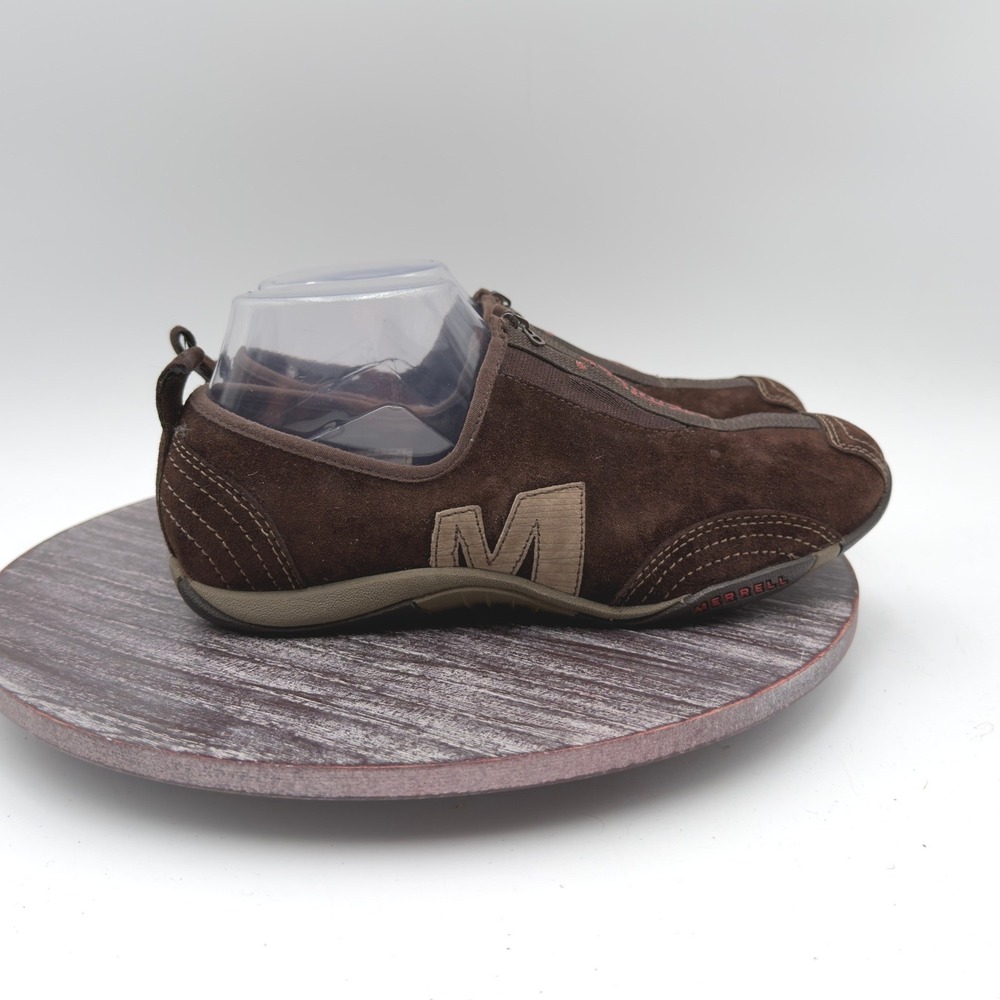Merrell Sneakers Womens Size 7.5 Barrado Leather Chestnut Suede Zip Logo Brown